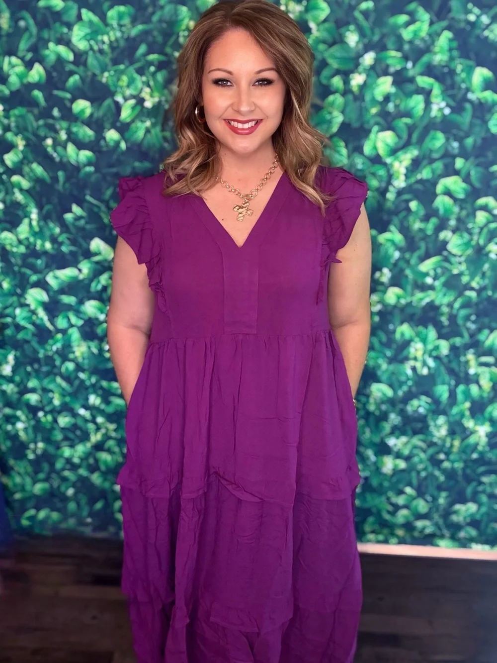entro Purple V-Neck Ruffle Tiered Midi Dress 1XL 16/18